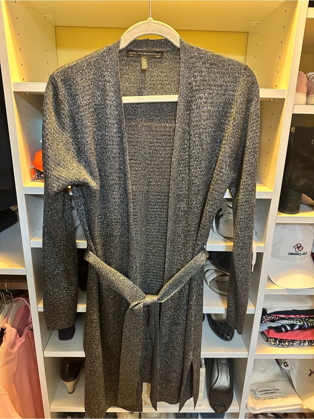 Black Silver Metallic Knit Belted Cardigan Sweater